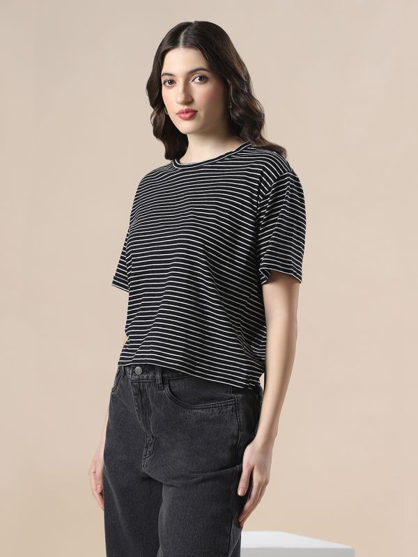Globus Women White & Black Striped Round Neck Short Sleeves Boxy Fit T-Shirt