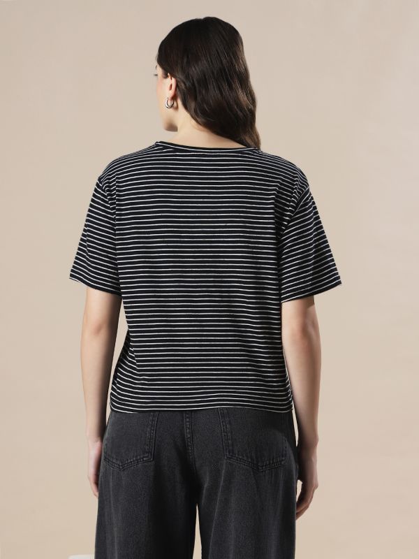 Globus Women White & Black Striped Round Neck Short Sleeves Boxy Fit T-Shirt