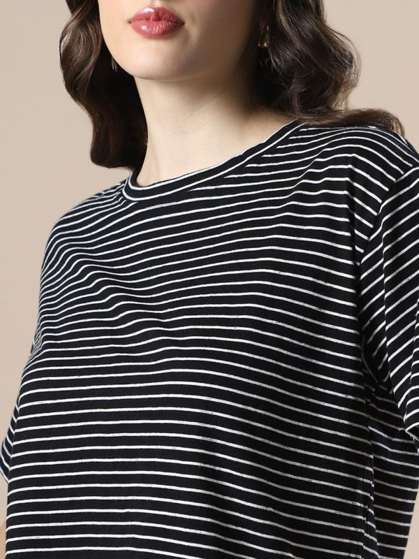 Globus Women White & Black Striped Round Neck Short Sleeves Boxy Fit T-Shirt