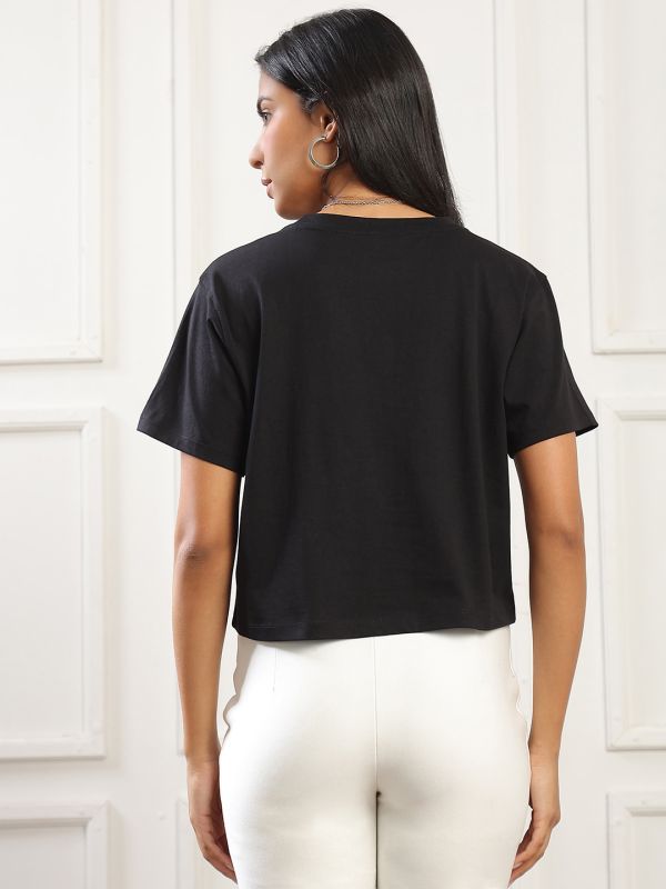 Globus Women Black Round Neck Short Sleeves Graphic Print Boxy Fit T-Shirt