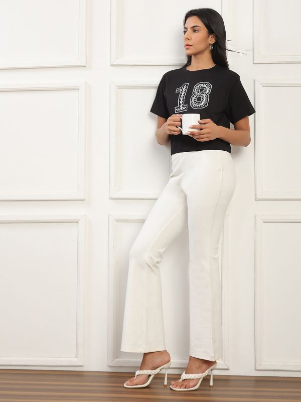 Globus Women Black Round Neck Short Sleeves Graphic Print Boxy Fit T-Shirt