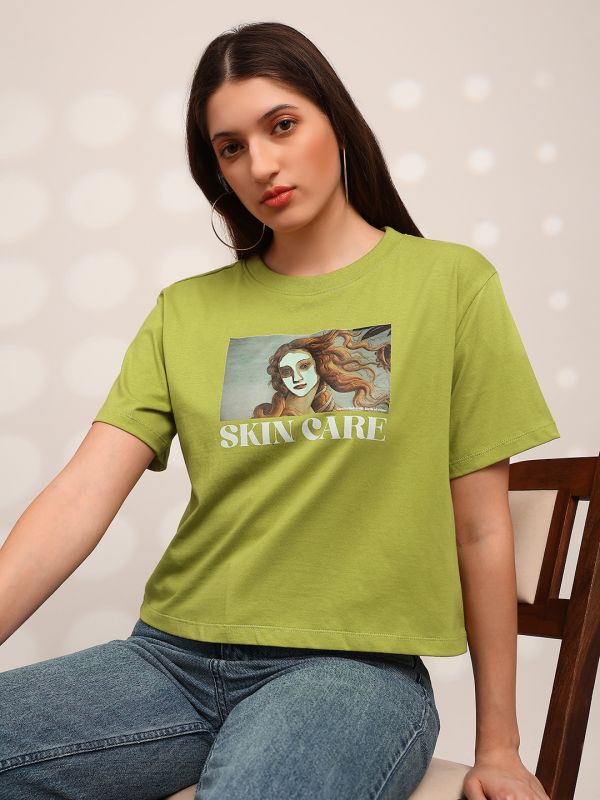 Globus Women Green Graphic Print Round Neck Drop Shoulder Sleeves Oversized Crop T-Shirt