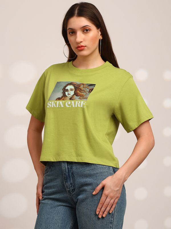Globus Women Green Graphic Print Round Neck Drop Shoulder Sleeves Oversized Crop T-Shirt