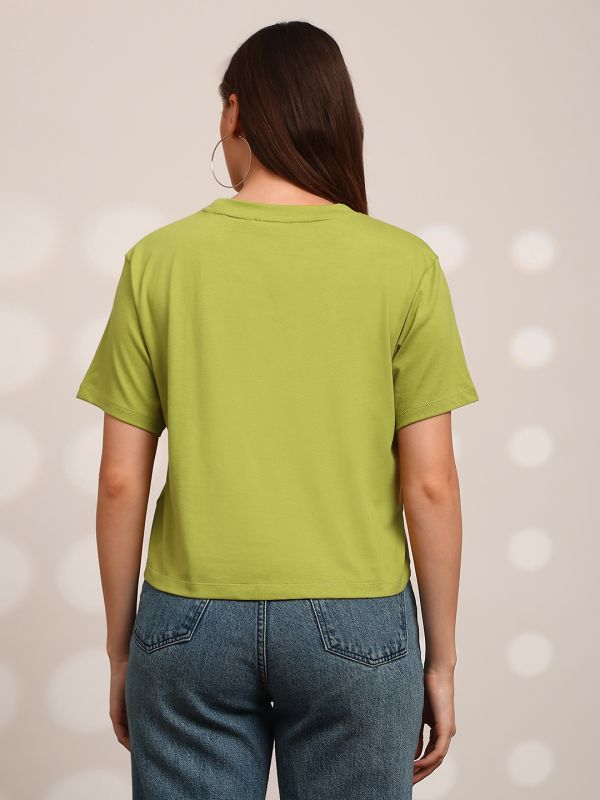 Globus Women Green Graphic Print Round Neck Drop Shoulder Sleeves Oversized Crop T-Shirt