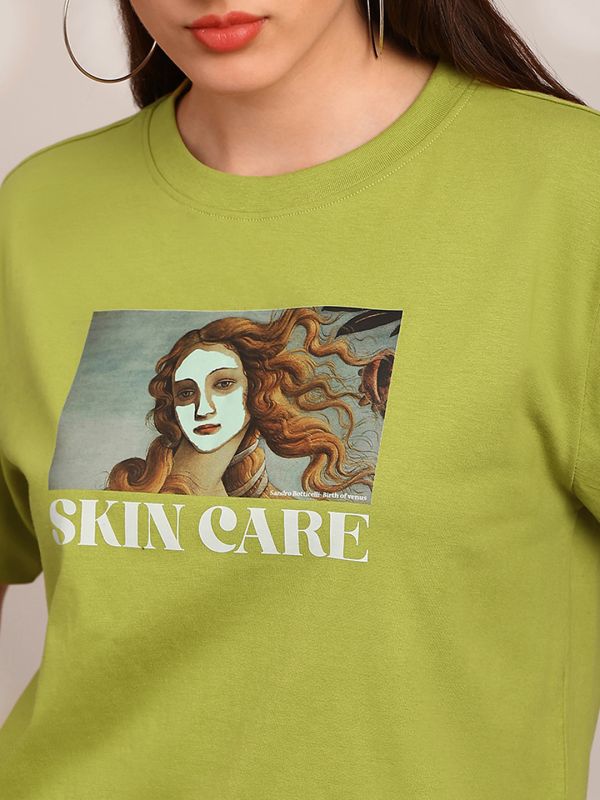 Globus Women Green Graphic Print Round Neck Drop Shoulder Sleeves Oversized Crop T-Shirt