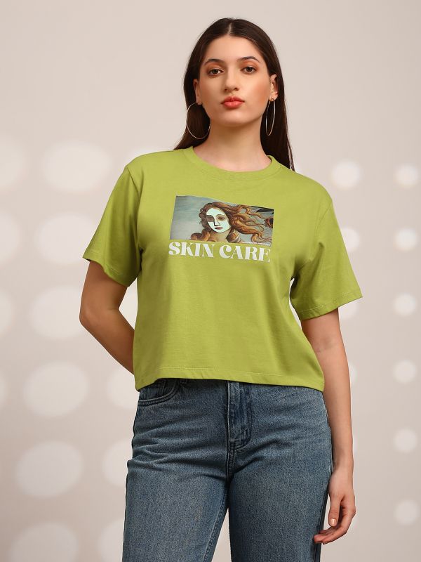 Globus Women Green Graphic Print Round Neck Drop Shoulder Sleeves Oversized Crop T-Shirt