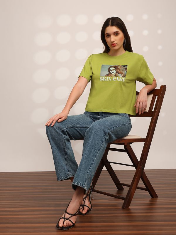 Globus Women Green Graphic Print Round Neck Drop Shoulder Sleeves Oversized Crop T-Shirt