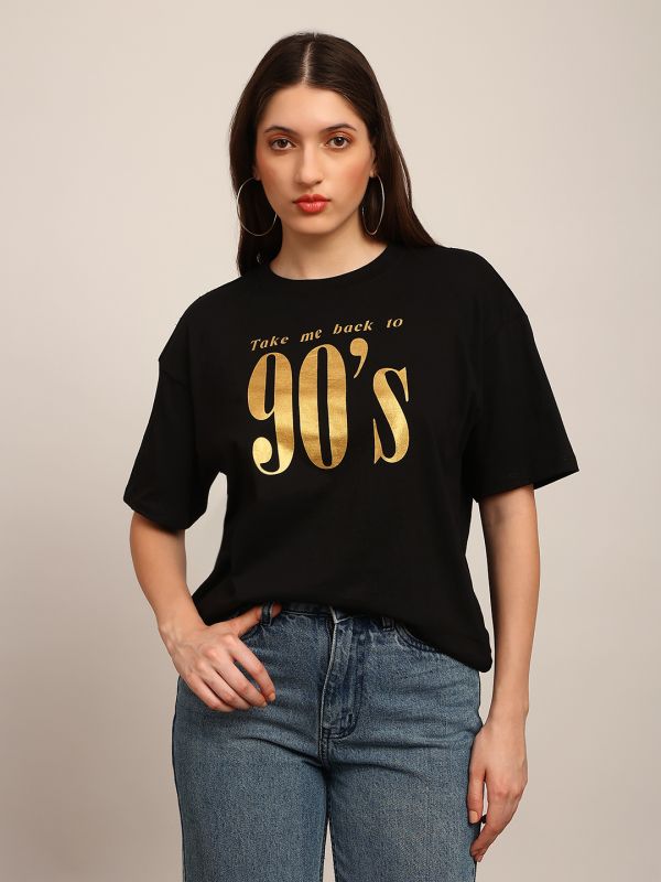Globus Women Black Graphic Print Round Neck Drop Shoulder Sleeves Oversized T-Shirt