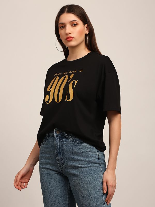 Globus Women Black Graphic Print Round Neck Drop Shoulder Sleeves Oversized T-Shirt