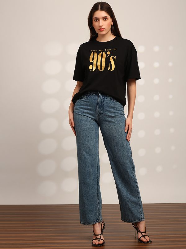 Globus Women Black Graphic Print Round Neck Drop Shoulder Sleeves Oversized T-Shirt
