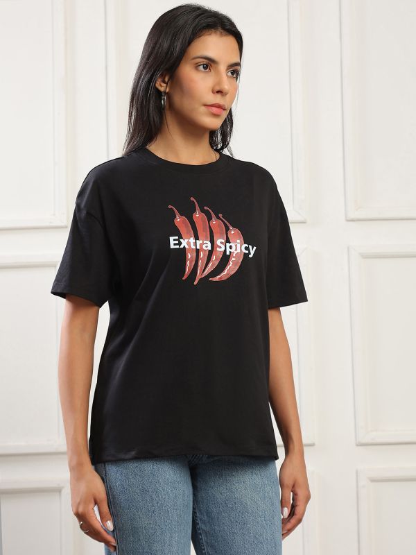 Globus Women Black Round Neck Drop Shoulder Sleeves Graphic Print Oversized T-Shirt