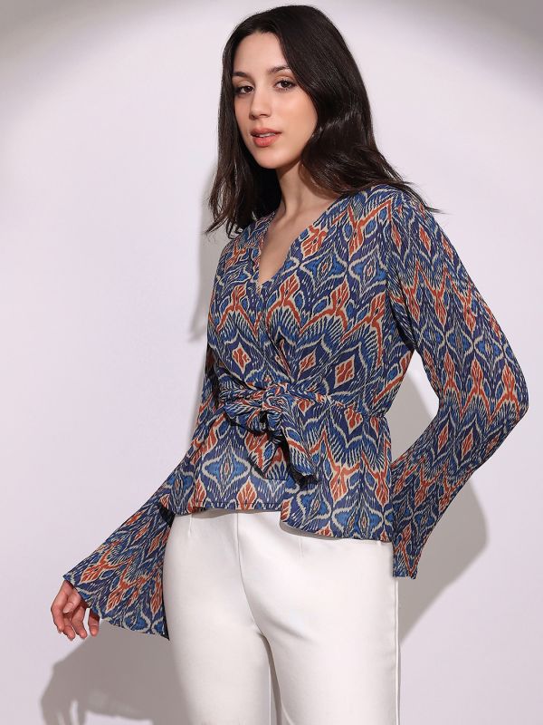 Globus Women Blue Georgette Ikkat Print Wrap V-Neck Flared Sleeves Waist Tie-Ups Top
