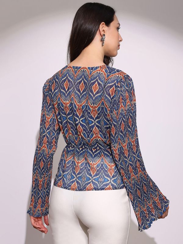 Globus Women Blue Georgette Ikkat Print Wrap V-Neck Flared Sleeves Waist Tie-Ups Top