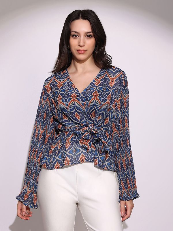 Globus Women Blue Georgette Ikkat Print Wrap V-Neck Flared Sleeves Waist Tie-Ups Top