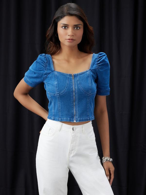Globus Women Navy Blue Square Neck Puff Sleeves Denim Corset Top