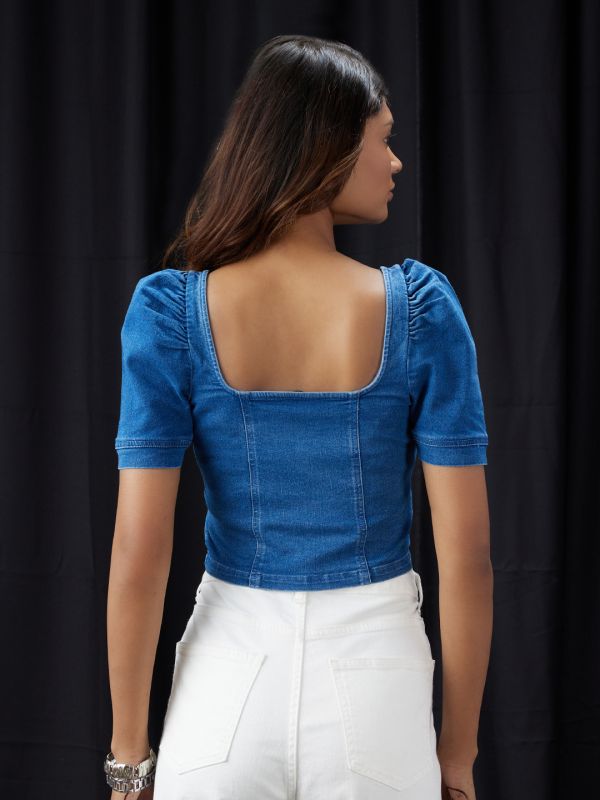 Globus Women Navy Blue Square Neck Puff Sleeves Denim Corset Top