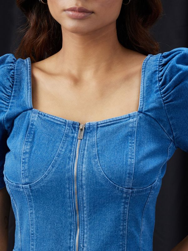 Globus Women Navy Blue Square Neck Puff Sleeves Denim Corset Top