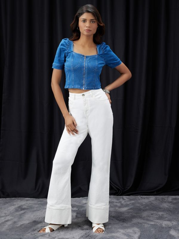 Globus Women Navy Blue Square Neck Puff Sleeves Denim Corset Top