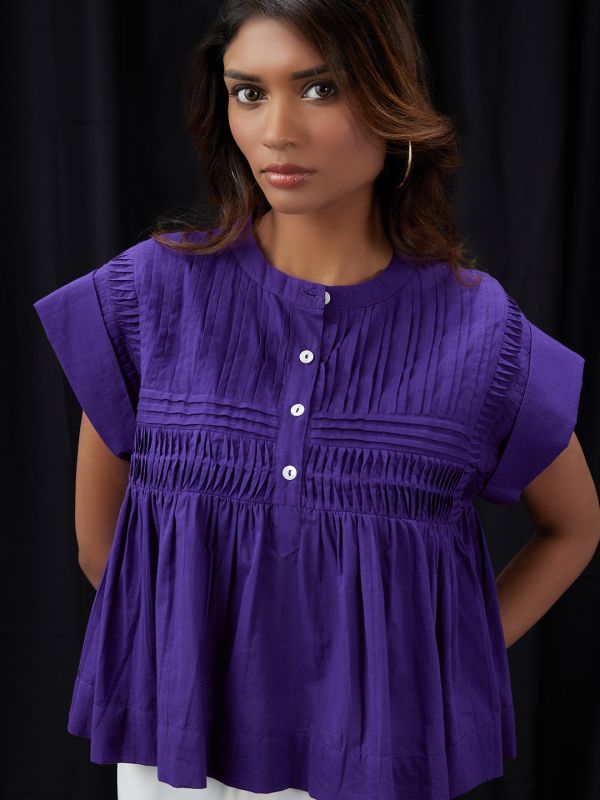 Globus Women Purple Mandarin Collar Gathered & Pleated Detail Cap Sleeve Top