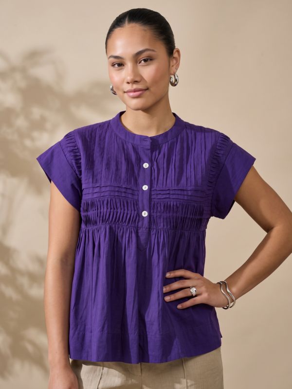Globus Women Purple Mandarin Collar Gathered & Pleated Detail Cap Sleeve Top