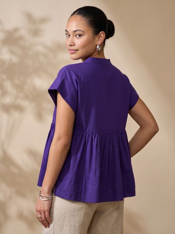 Globus Women Purple Mandarin Collar Gathered & Pleated Detail Cap Sleeve Top