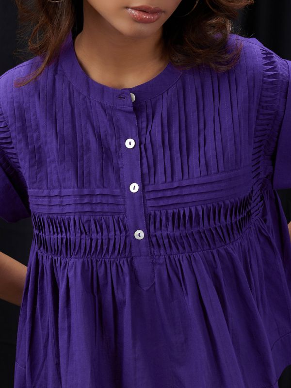 Globus Women Purple Mandarin Collar Gathered & Pleated Detail Cap Sleeve Top