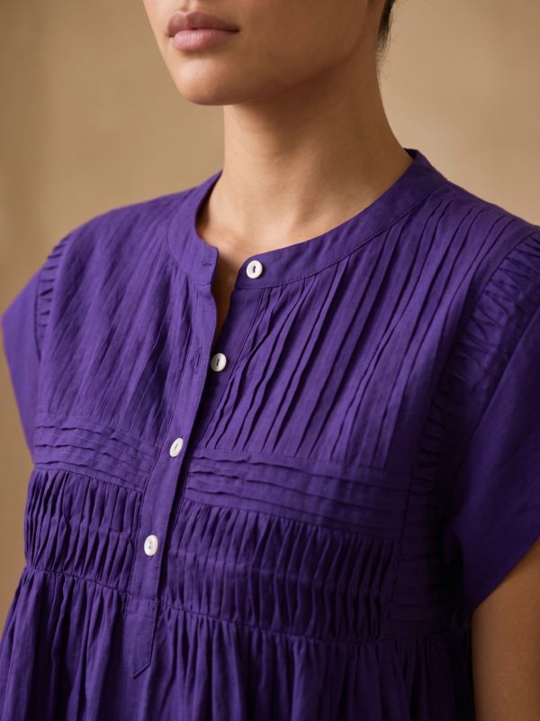 Globus Women Purple Mandarin Collar Gathered & Pleated Detail Cap Sleeve Top