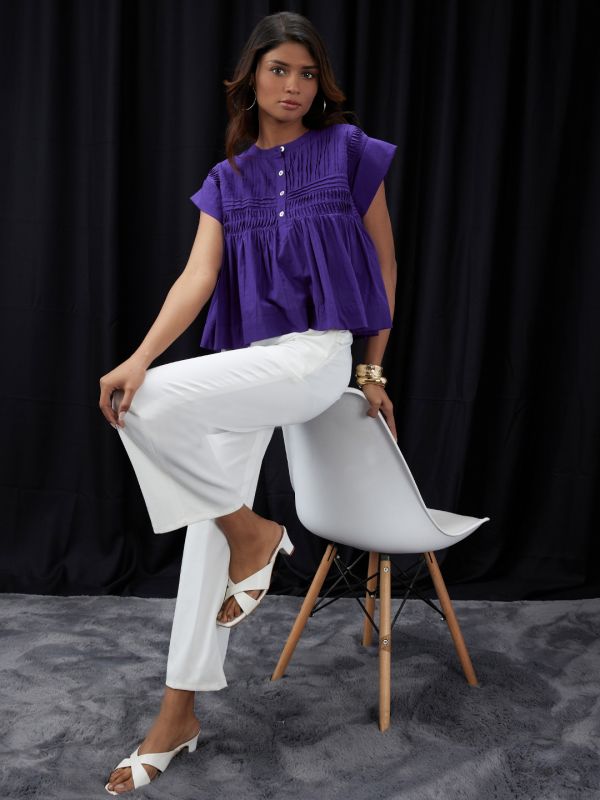 Globus Women Purple Mandarin Collar Gathered & Pleated Detail Cap Sleeve Top