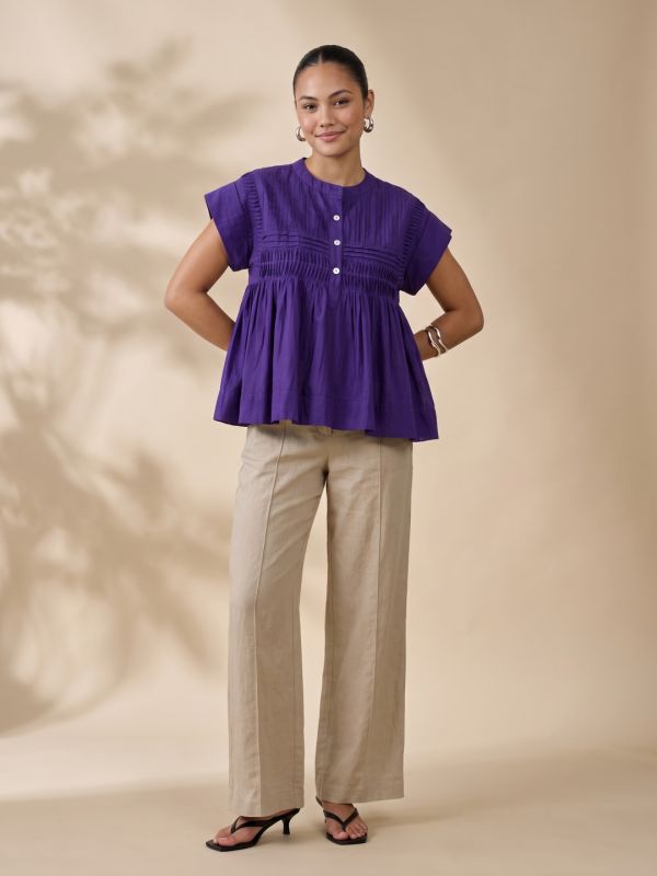 Globus Women Purple Mandarin Collar Gathered & Pleated Detail Cap Sleeve Top