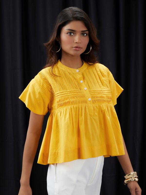 Globus Women Yellow Mandarin Collar Gathered & Pleated Detail Cap Sleeve Top