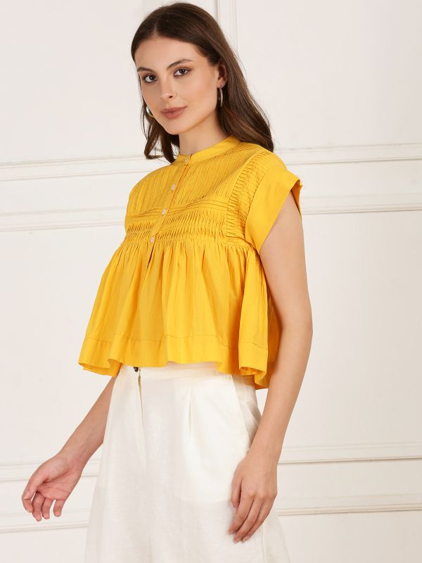 Globus Women Yellow Mandarin Collar Gathered & Pleated Detail Cap Sleeve Top