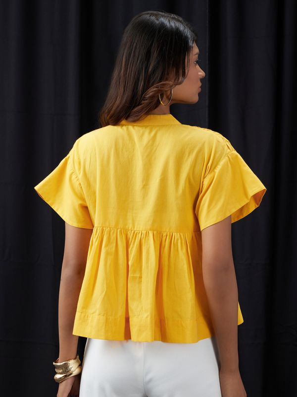 Globus Women Yellow Mandarin Collar Gathered & Pleated Detail Cap Sleeve Top