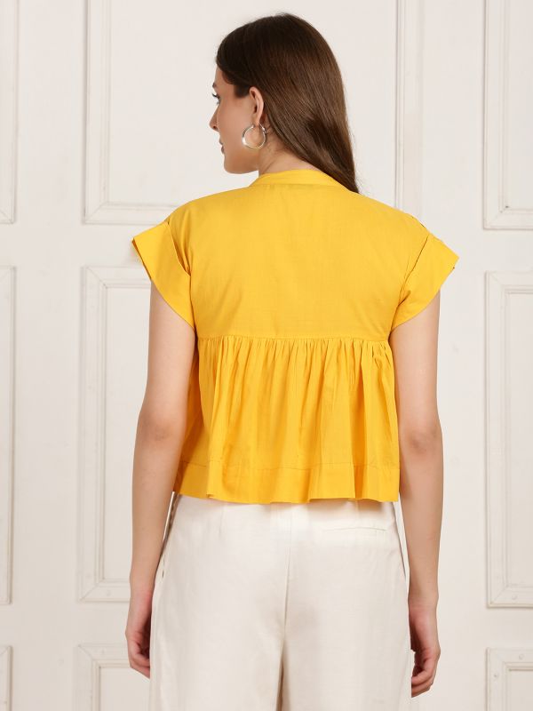 Globus Women Yellow Mandarin Collar Gathered & Pleated Detail Cap Sleeve Top