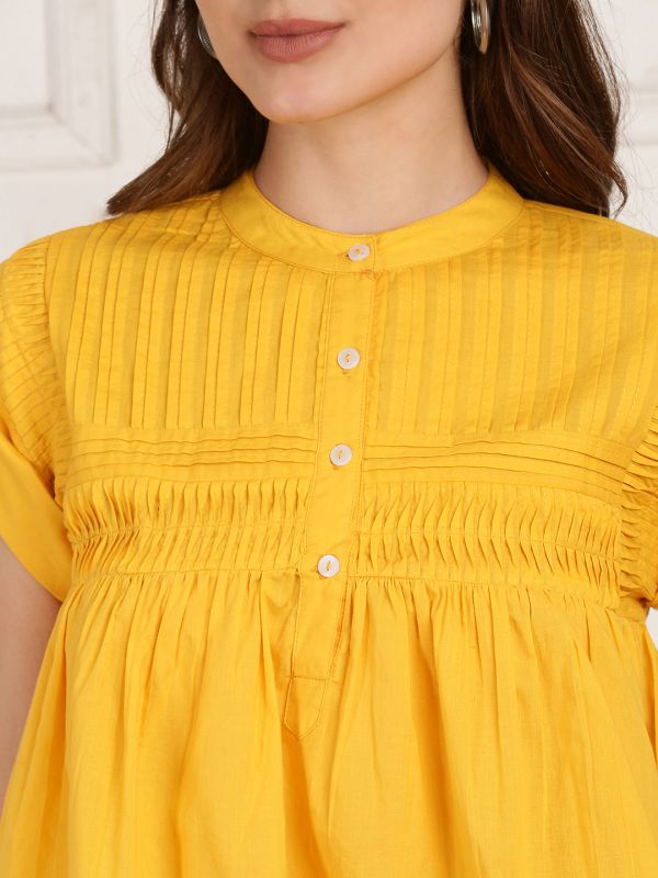 Globus Women Yellow Mandarin Collar Gathered & Pleated Detail Cap Sleeve Top