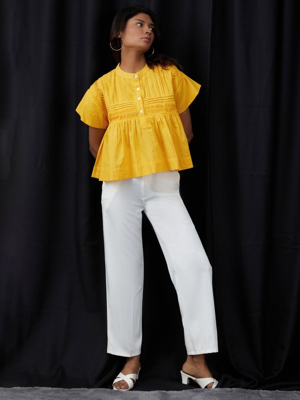 Globus Women Yellow Mandarin Collar Gathered & Pleated Detail Cap Sleeve Top