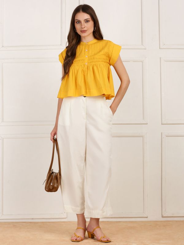 Globus Women Yellow Mandarin Collar Gathered & Pleated Detail Cap Sleeve Top