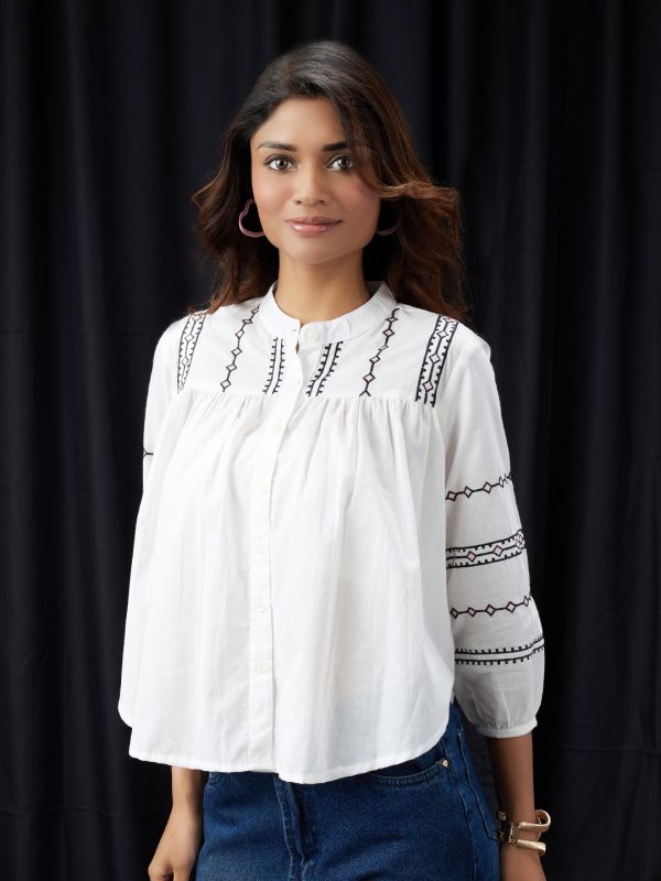 Globus Women White Embroidered Mandarin Collar Gathered & Pleated Detail Shirt Style Top