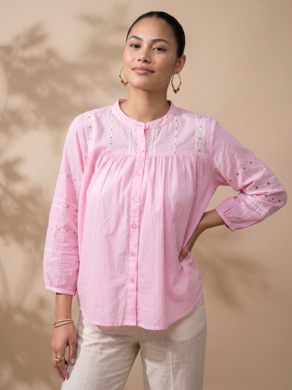 Globus Women Pink Embroidered Mandarin Collar Gathered & Pleasted Detail Shirt Style Top