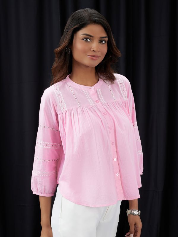 Globus Women Pink Embroidered Mandarin Collar Gathered & Pleasted Detail Shirt Style Top