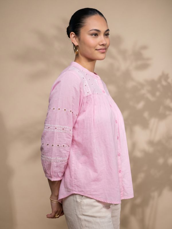 Globus Women Pink Embroidered Mandarin Collar Gathered & Pleasted Detail Shirt Style Top