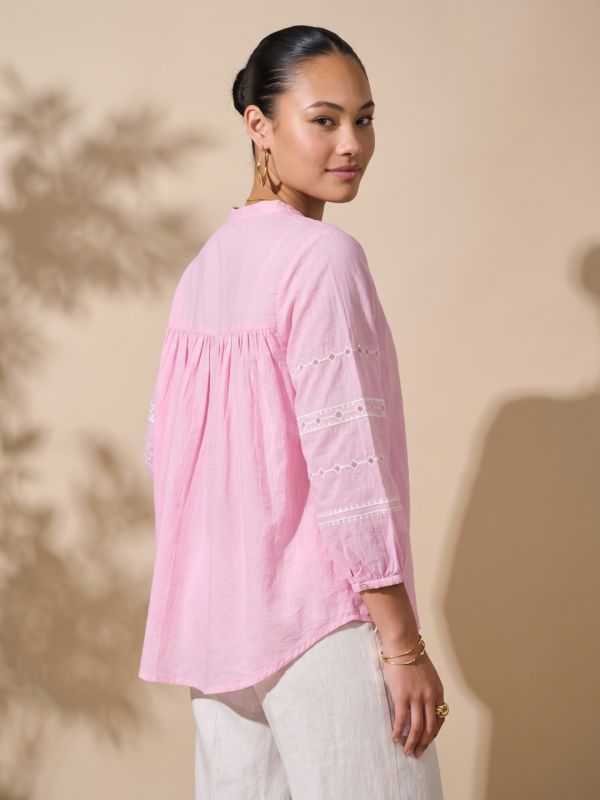 Globus Women Pink Embroidered Mandarin Collar Gathered & Pleasted Detail Shirt Style Top