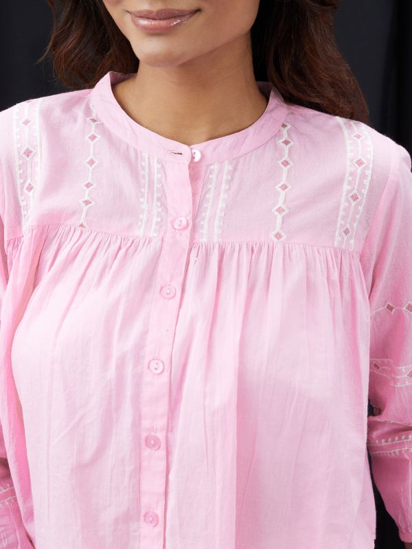 Globus Women Pink Embroidered Mandarin Collar Gathered & Pleasted Detail Shirt Style Top