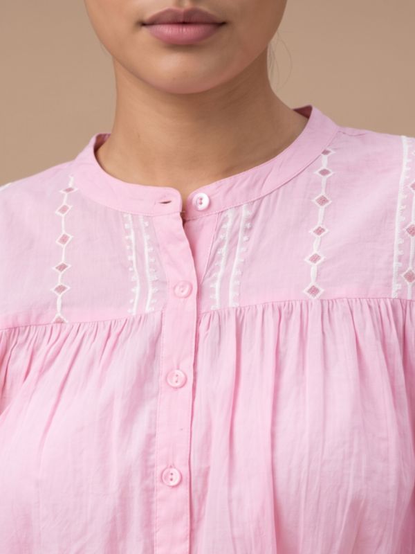 Globus Women Pink Embroidered Mandarin Collar Gathered & Pleasted Detail Shirt Style Top
