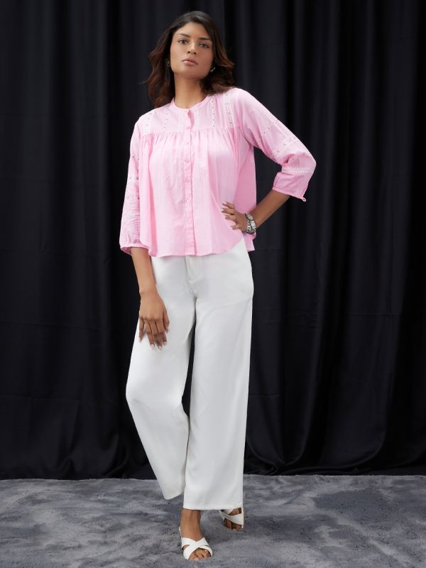 Globus Women Pink Embroidered Mandarin Collar Gathered & Pleasted Detail Shirt Style Top
