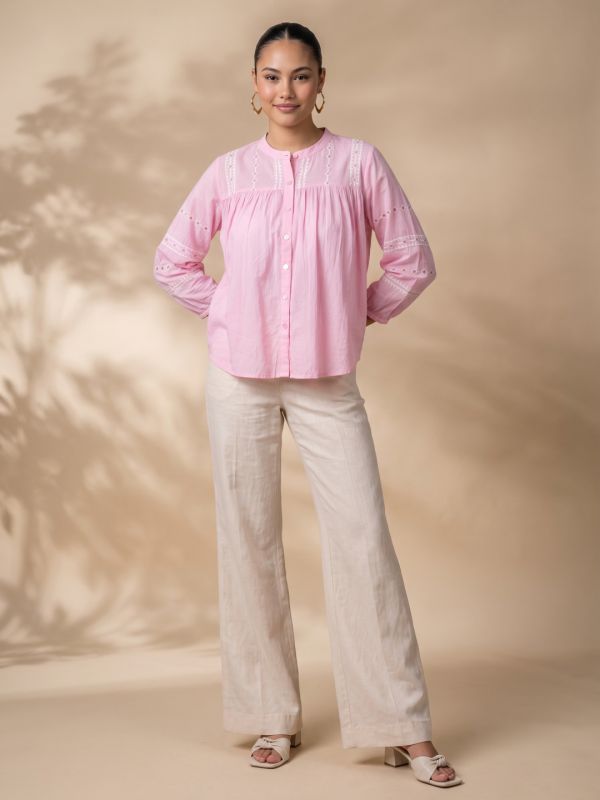 Globus Women Pink Embroidered Mandarin Collar Gathered & Pleasted Detail Shirt Style Top