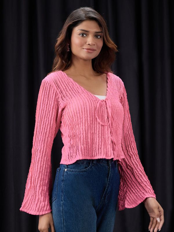 Globus Women Pink Self- Design Lace Detail Tie-Up Neck Flared Sleeve Party Top