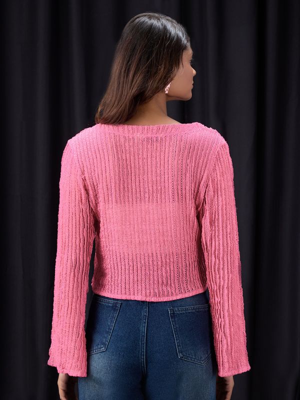 Globus Women Pink Self- Design Lace Detail Tie-Up Neck Flared Sleeve Party Top
