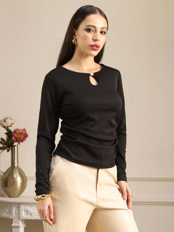 Globus Women Black Keyhole Neck Long Sleeves Solid Ruched Detail Top