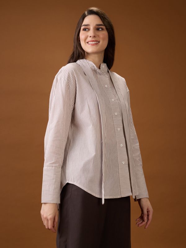 Globus Women Brown Mandarin Collar Cuffed Sleeves Striped Tie Detail High-Low Hem Workwear Shirt
