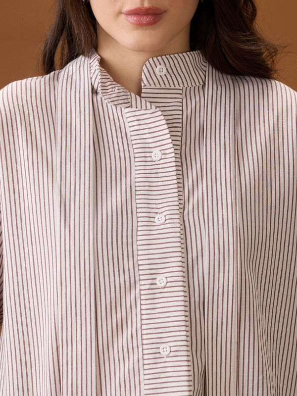 Globus Women Brown Mandarin Collar Cuffed Sleeves Striped Tie Detail High-Low Hem Workwear Shirt